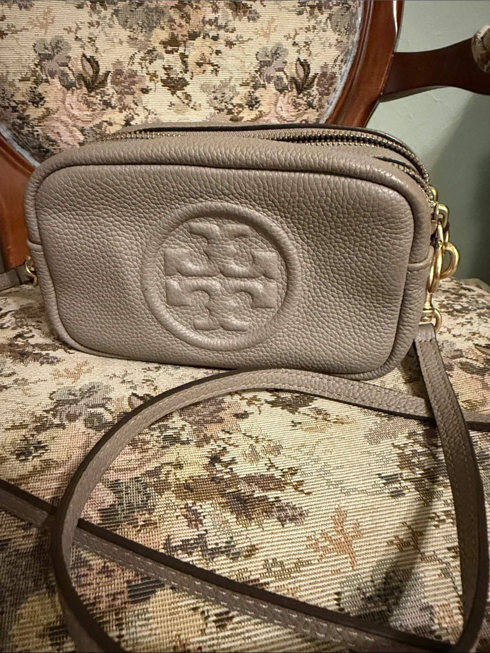 Tory Burch Taupe Perry bombe Pebbled Leather Double-Zip Crossbody